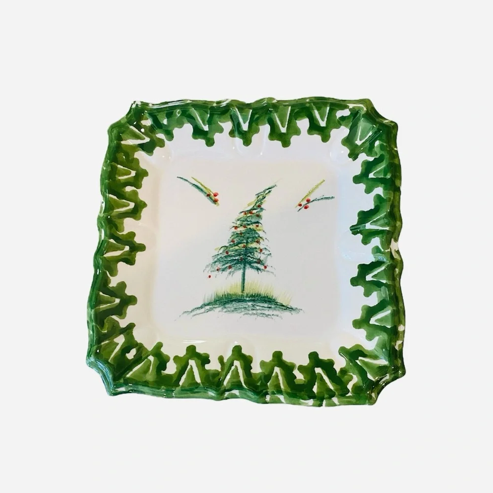 NWOT Set 2 Handpainted Christmas Tree Ceramic Platters Italy Square White Green